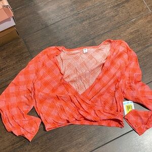 BP Coral Plaid Wrap Blouse